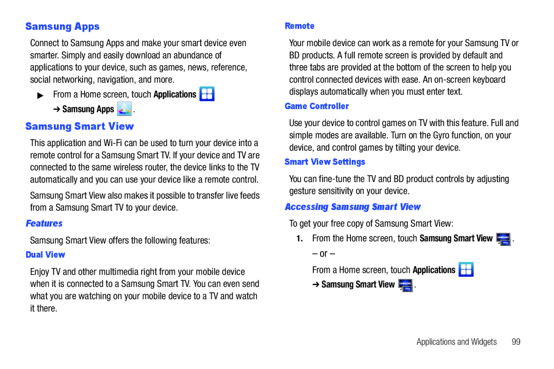 Samsung YP-G70CWY user manual Samsung Apps, Features, Accessing Samsung Smart View 