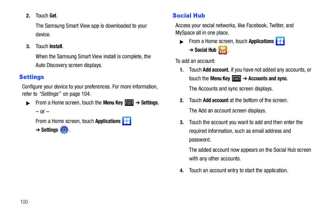 Samsung YP-G70CWY user manual Settings, Social Hub, To add an account 