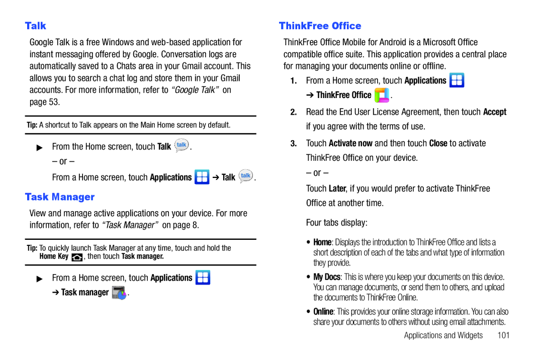 Samsung YP-G70CWY user manual ThinkFree Office, From the Home screen, touch Talk 