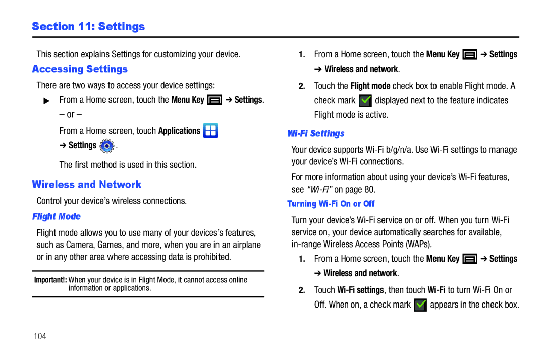 Samsung YP-G70CWY user manual Accessing Settings, Wireless and Network, Flight Mode, Wi-Fi Settings 