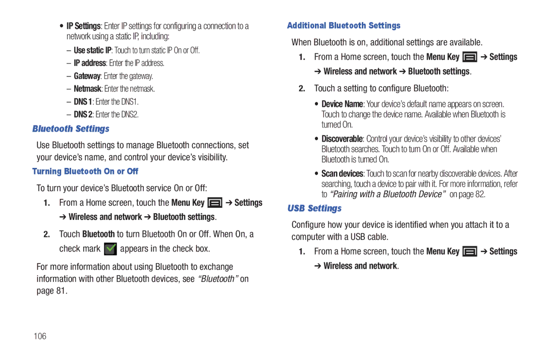 Samsung YP-G70CWY user manual Bluetooth Settings, To turn your device’s Bluetooth service On or Off, USB Settings 