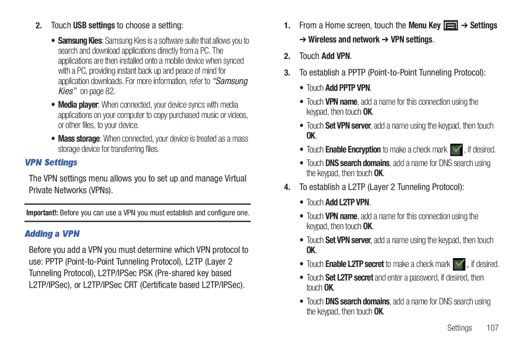 Samsung YP-G70CWY VPN Settings, Adding a VPN, Wireless and network VPN settings, Touch Add Pptp VPN, Touch Add L2TP VPN 