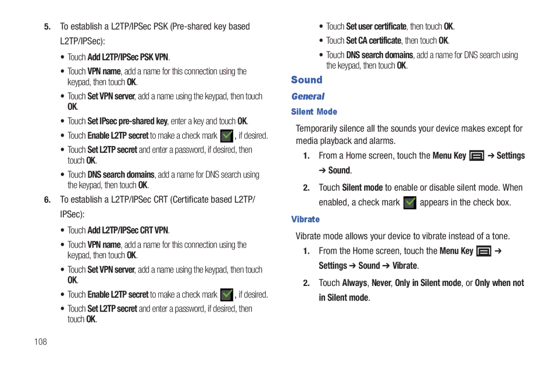 Samsung YP-G70CWY user manual Sound, Touch Add L2TP/IPSec PSK VPN, Touch Add L2TP/IPSec CRT VPN, General 