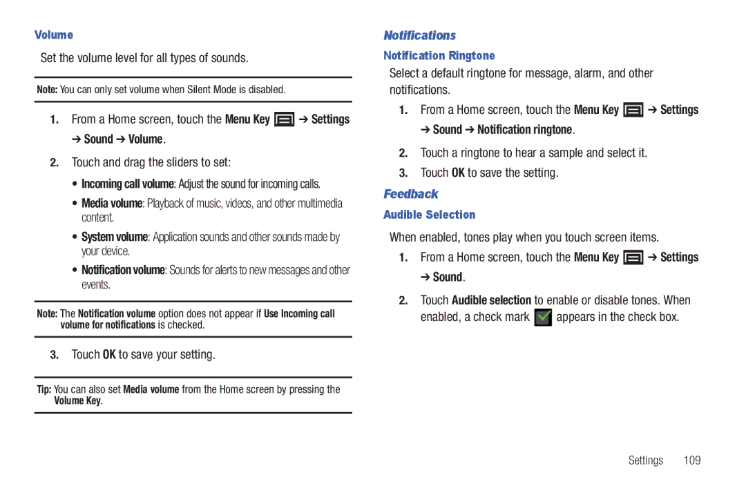 Samsung YP-G70CWY user manual Sound Volume, Notifications, Sound Notification ringtone, Feedback 