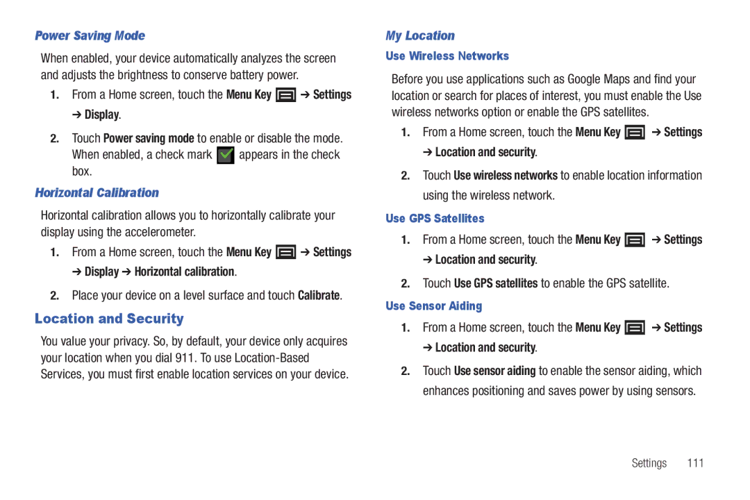 Samsung YP-G70CWY user manual Location and Security, Power Saving Mode, Horizontal Calibration, My Location 