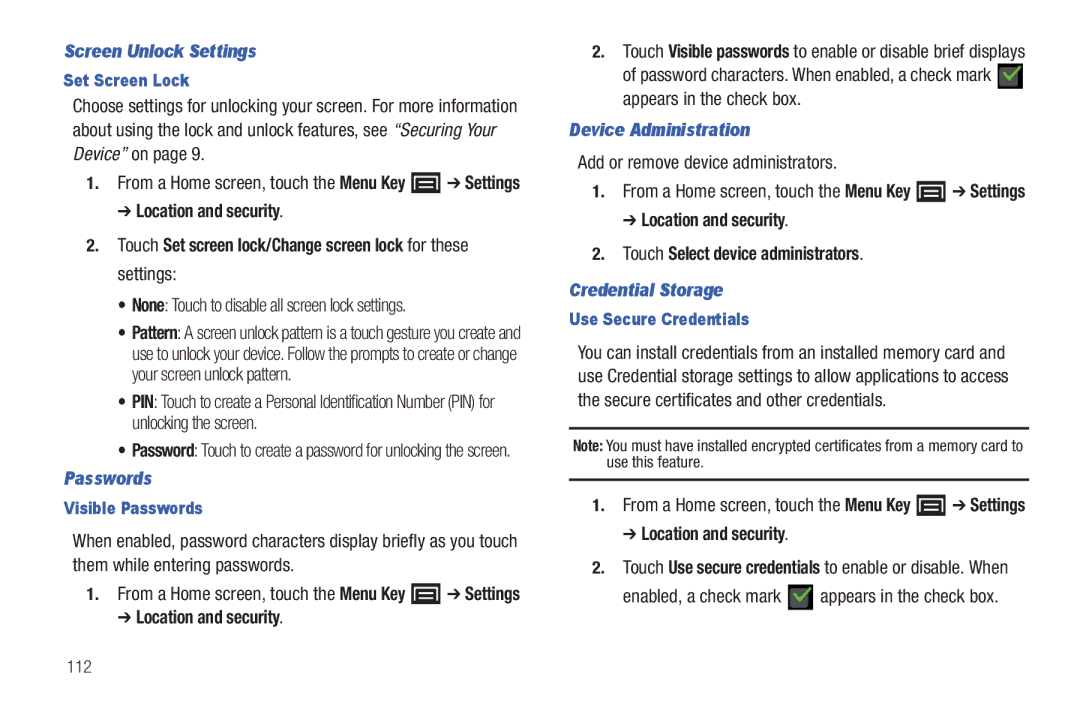 Samsung YP-G70CWY user manual Screen Unlock Settings, Passwords, Device Administration, Credential Storage 