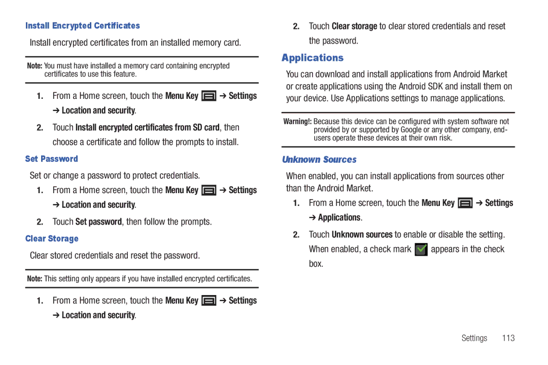 Samsung YP-G70CWY user manual Set or change a password to protect credentials, Touch Set password, then follow the prompts 