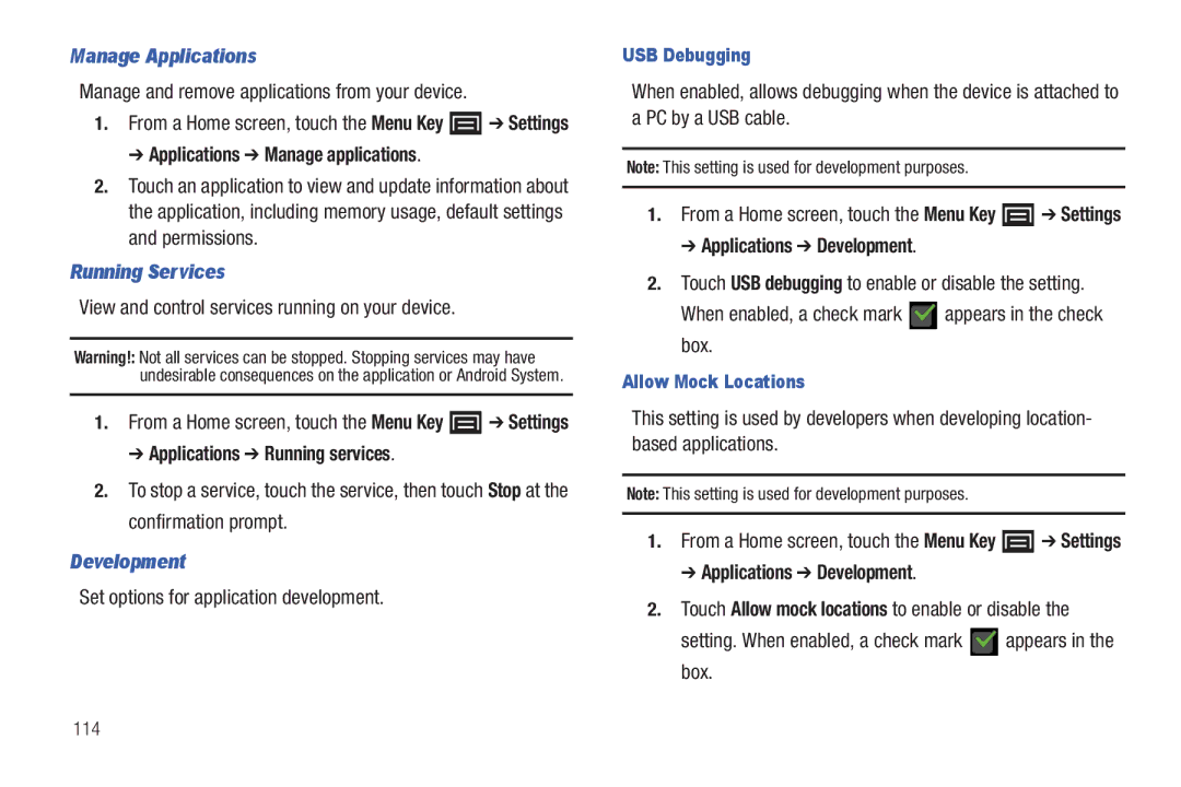 Samsung YP-G70CWY user manual Manage Applications, Running Services, Development 