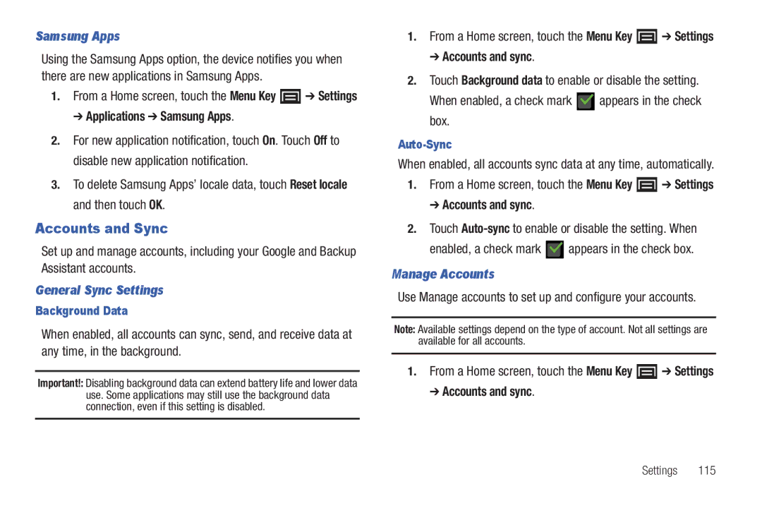 Samsung YP-G70CWY user manual Accounts and Sync, Applications Samsung Apps, General Sync Settings, Manage Accounts 