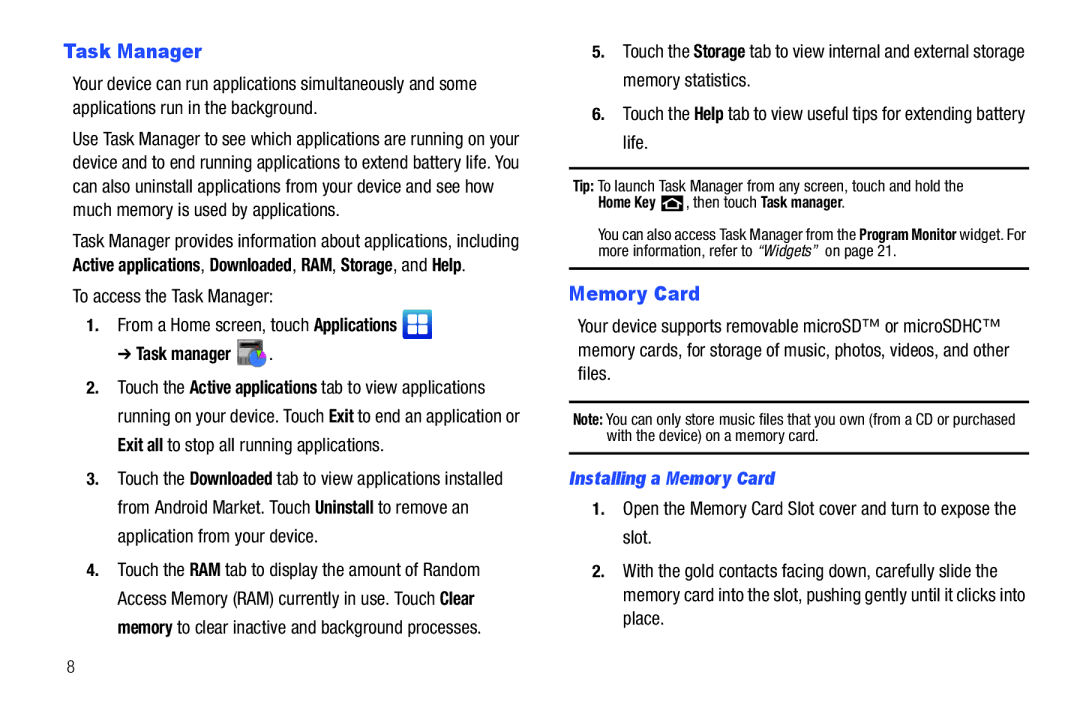 Samsung YP-G70CWY user manual Task Manager, Task manager, Installing a Memory Card 