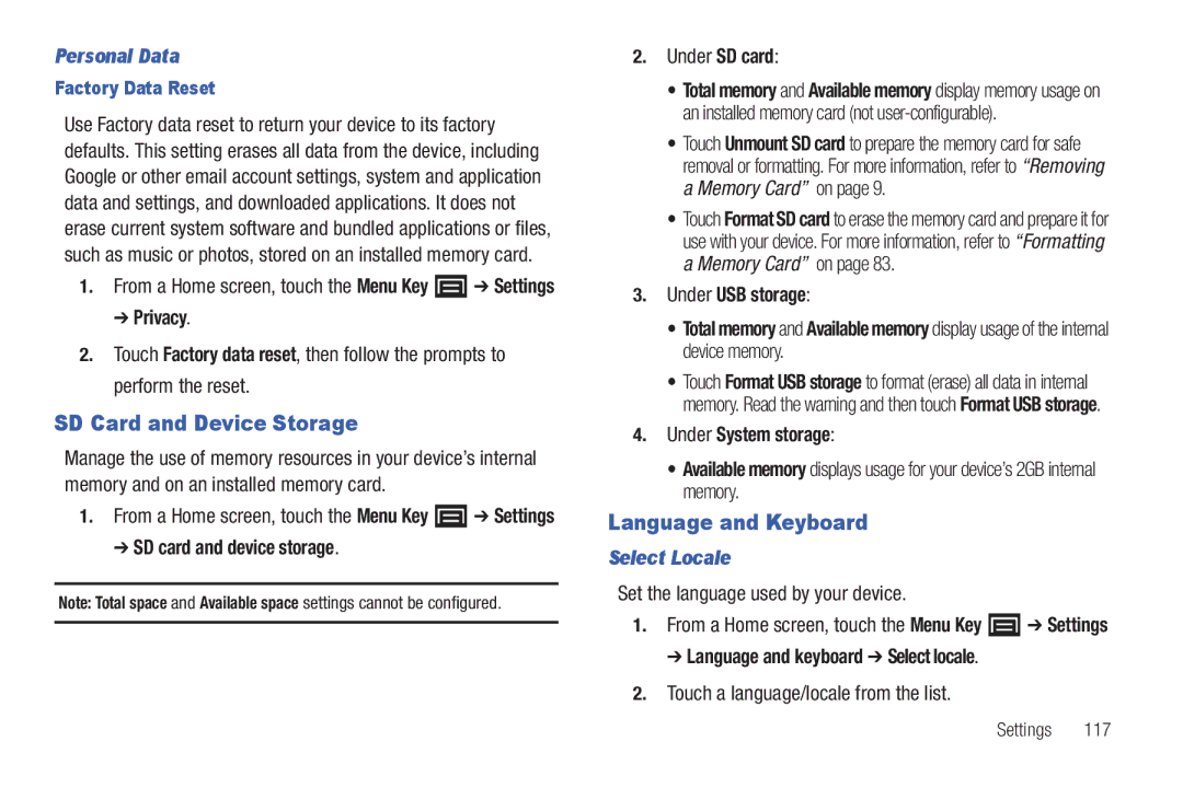 Samsung YP-G70CWY user manual SD Card and Device Storage, Language and Keyboard, Personal Data, Select Locale 