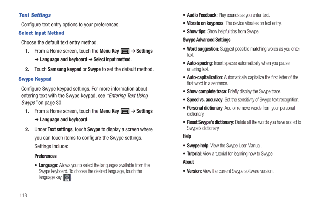 Samsung YP-G70CWY Text Settings, Language and keyboard Select input method, Preferences, Swype Advanced Settings 