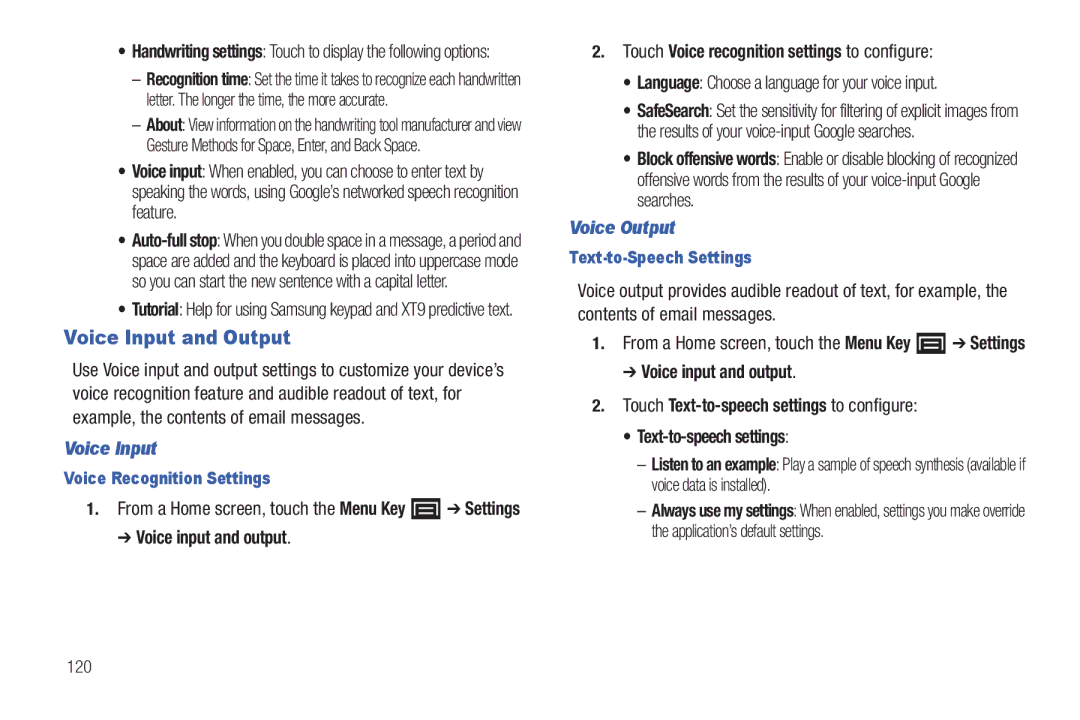 Samsung YP-G70CWY user manual Voice Input and Output, Voice Output, Voice Recognition Settings, Text-to-Speech Settings 