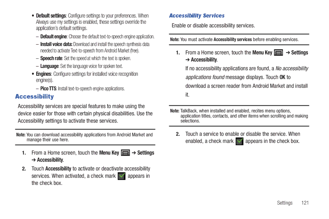 Samsung YP-G70CWY user manual Accessibility Services, Enable or disable accessibility services 