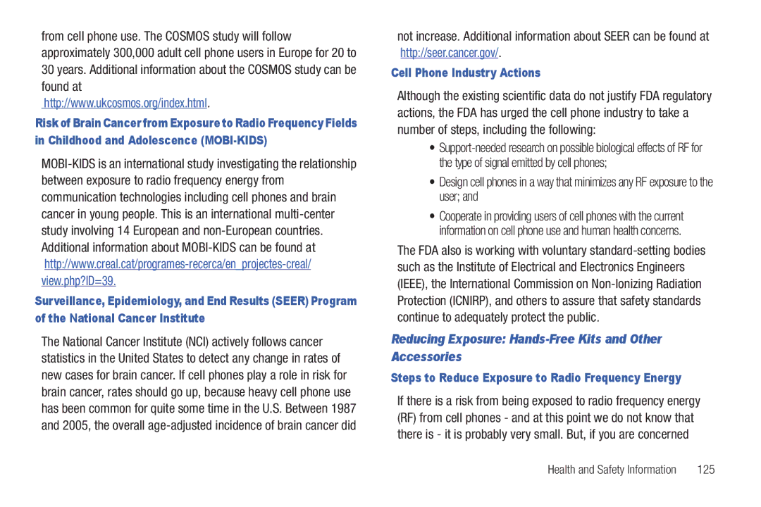 Samsung YP-G70CWY user manual Reducing Exposure Hands-Free Kits and Other Accessories, Cell Phone Industry Actions, 125 