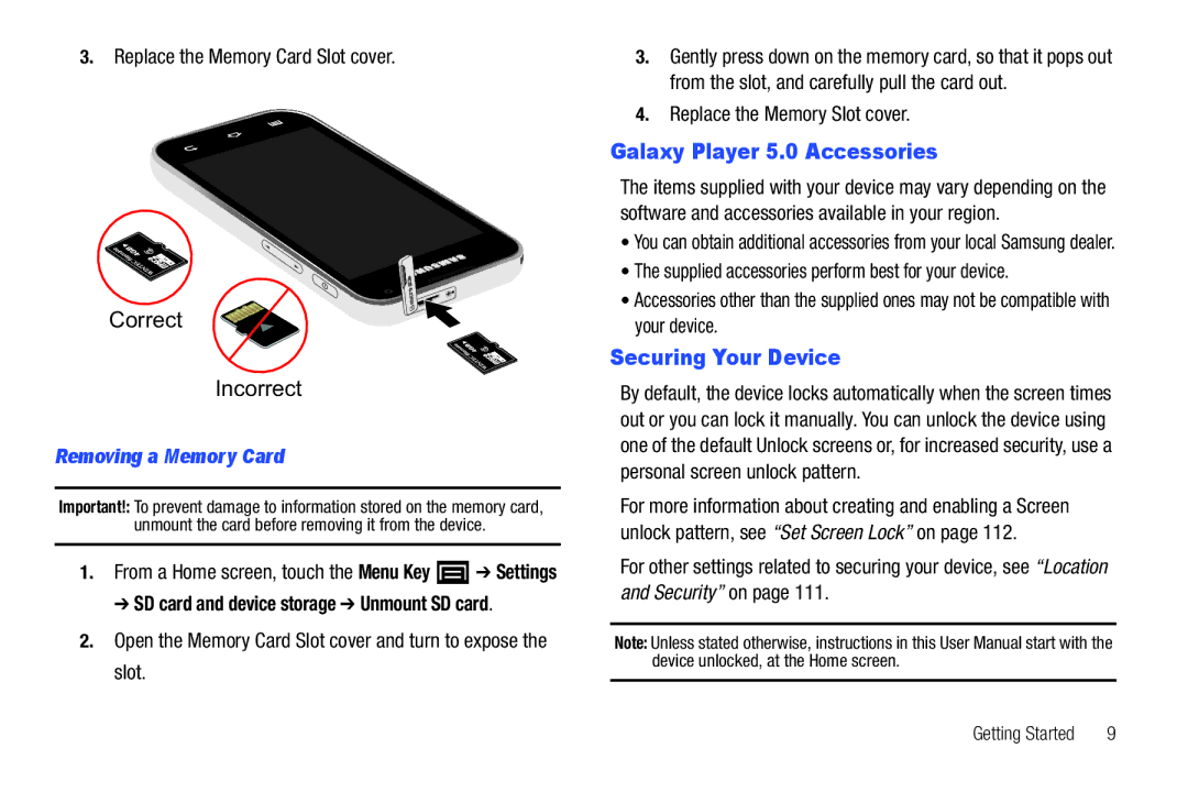 Samsung YP-G70CWY user manual Galaxy Player 5.0 Accessories, Securing Your Device, Removing a Memory Card 