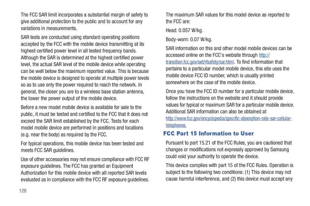 Samsung YP-G70CWY user manual FCC Part 15 Information to User, 128 