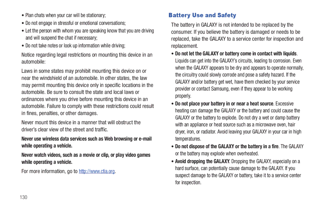 Samsung YP-G70CWY user manual Battery Use and Safety, Do not take notes or look up information while driving 