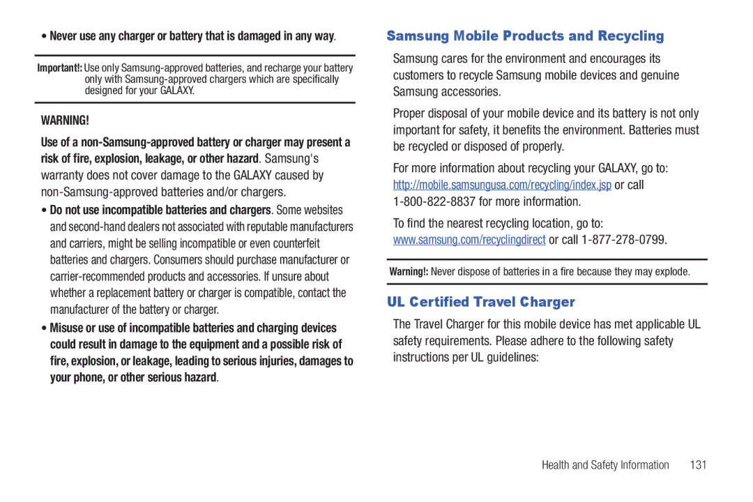 Samsung YP-G70CWY user manual Samsung Mobile Products and Recycling, UL Certified Travel Charger 