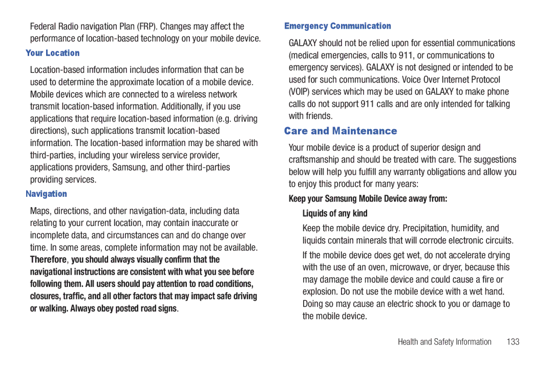 Samsung YP-G70CWY user manual Care and Maintenance, Your Location, Navigation, Emergency Communication 