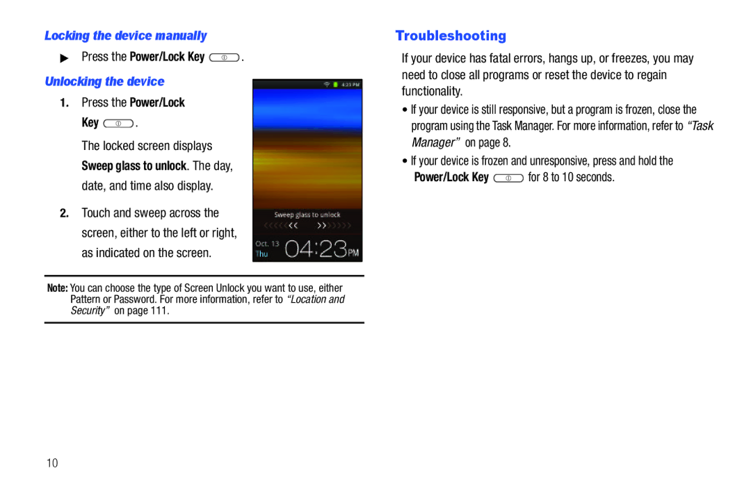 Samsung YP-G70CWY user manual Troubleshooting, Locking the device manually, Press the Power/Lock Key, Unlocking the device 