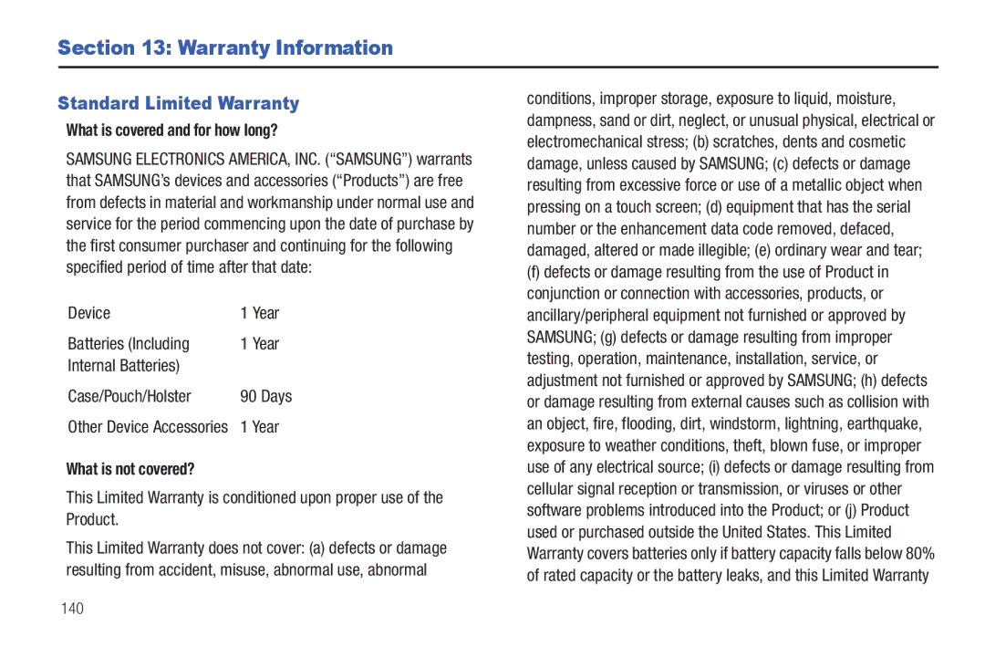 Samsung YP-G70CWY Warranty Information, Standard Limited Warranty, What is covered and for how long?, What is not covered? 