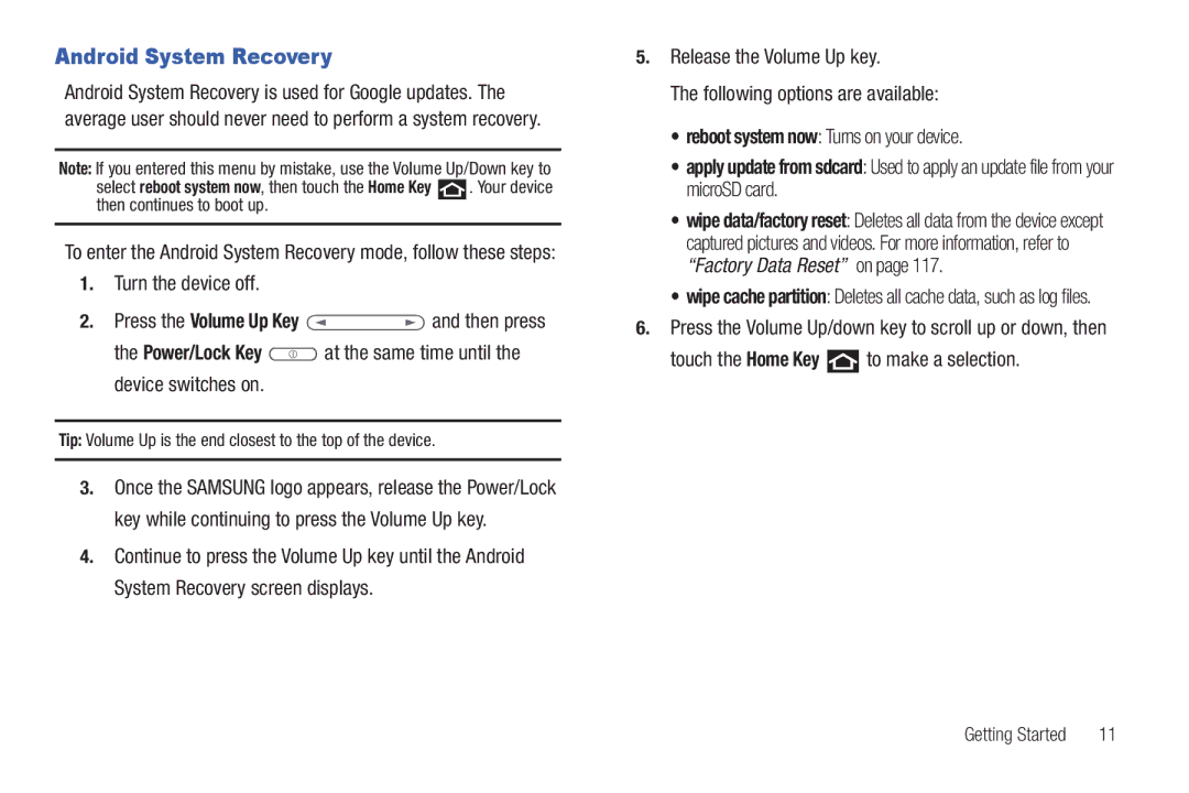 Samsung YP-G70CWY user manual Android System Recovery, Touch the Home Key to make a selection 