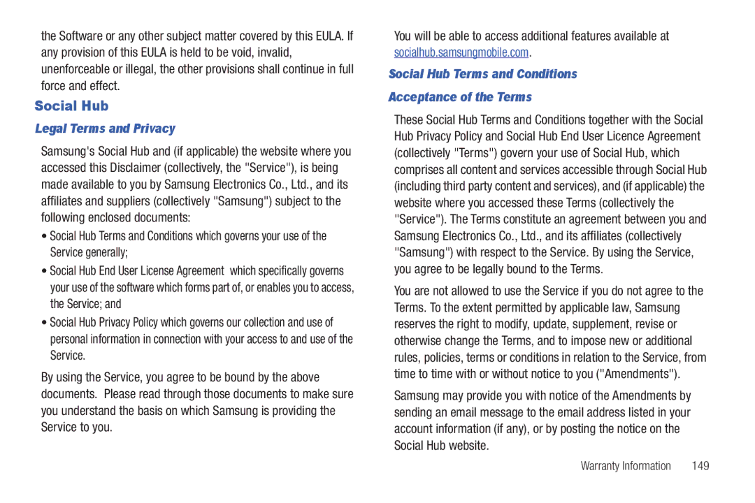 Samsung YP-G70CWY user manual Legal Terms and Privacy, Social Hub Terms and Conditions Acceptance of the Terms, 149 