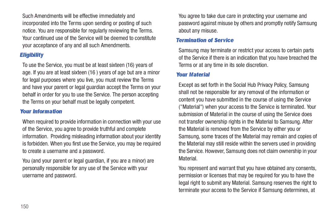 Samsung YP-G70CWY user manual Eligibility, Your Information, Termination of Service, Your Material, 150 
