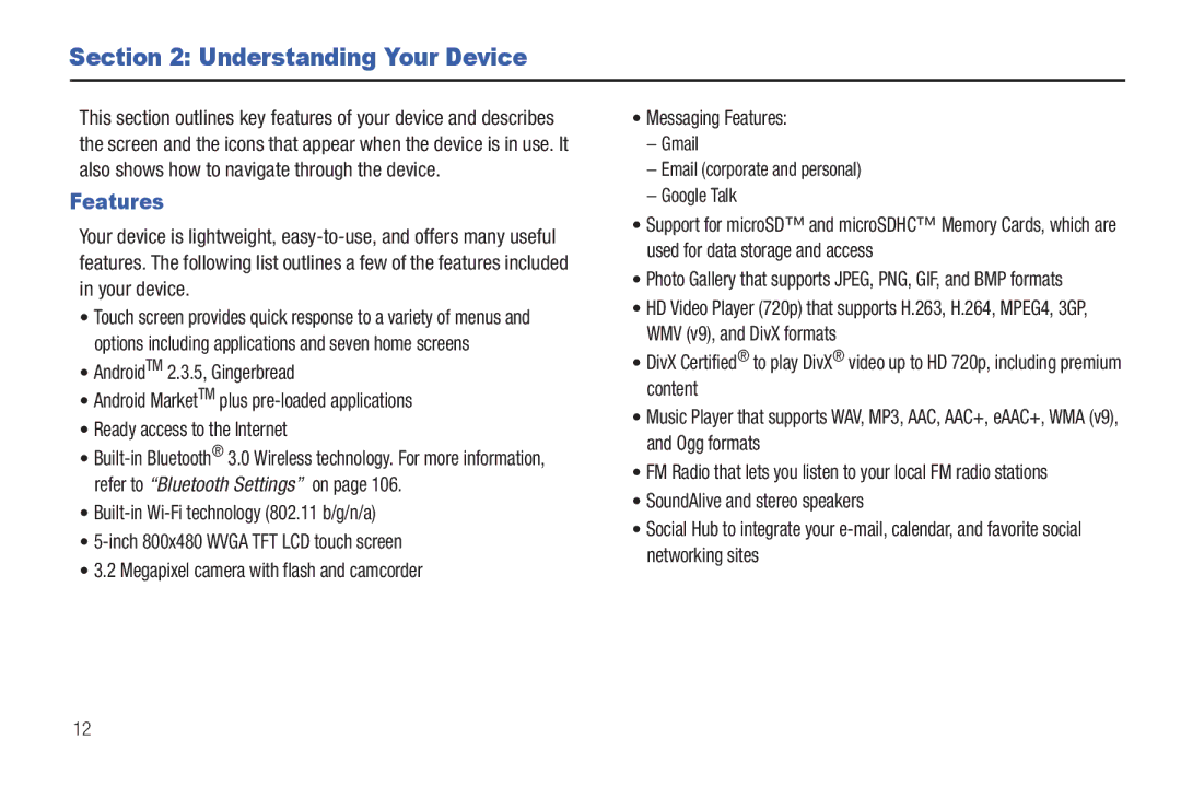 Samsung YP-G70CWY user manual Understanding Your Device, Features 