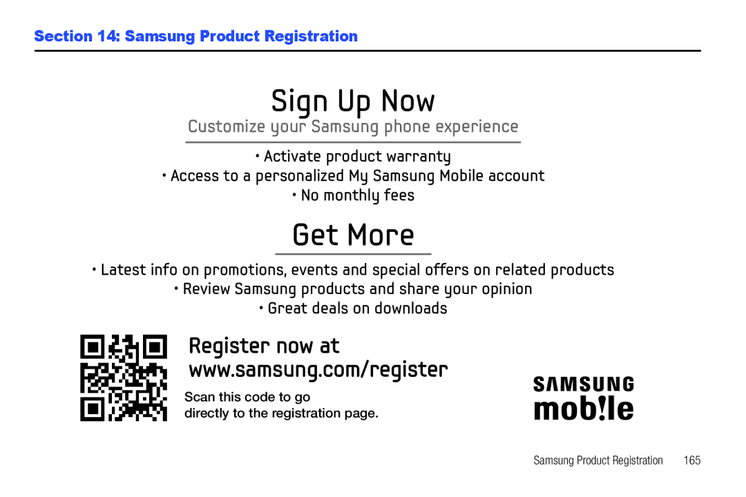 Samsung YP-G70CWY user manual Samsung Product Registration, Scan this code to go Directly to the registration, 165 