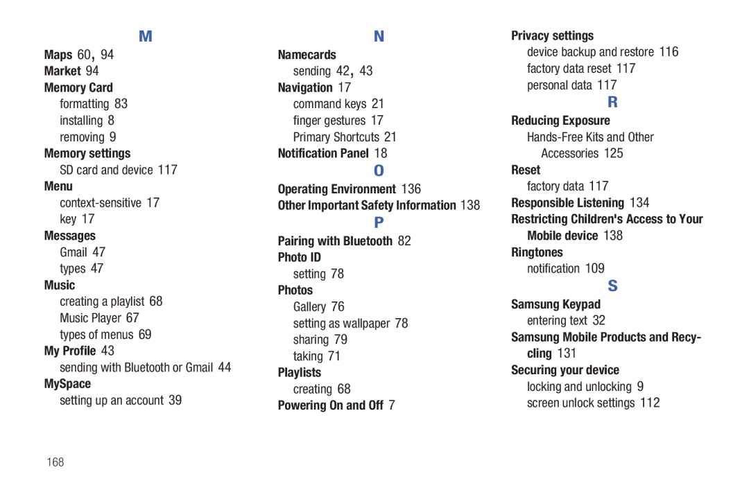 Samsung YP-G70CWY Maps 60 Market Memory Card, Memory settings, Menu, Messages, Music, My Profile, MySpace, Namecards 