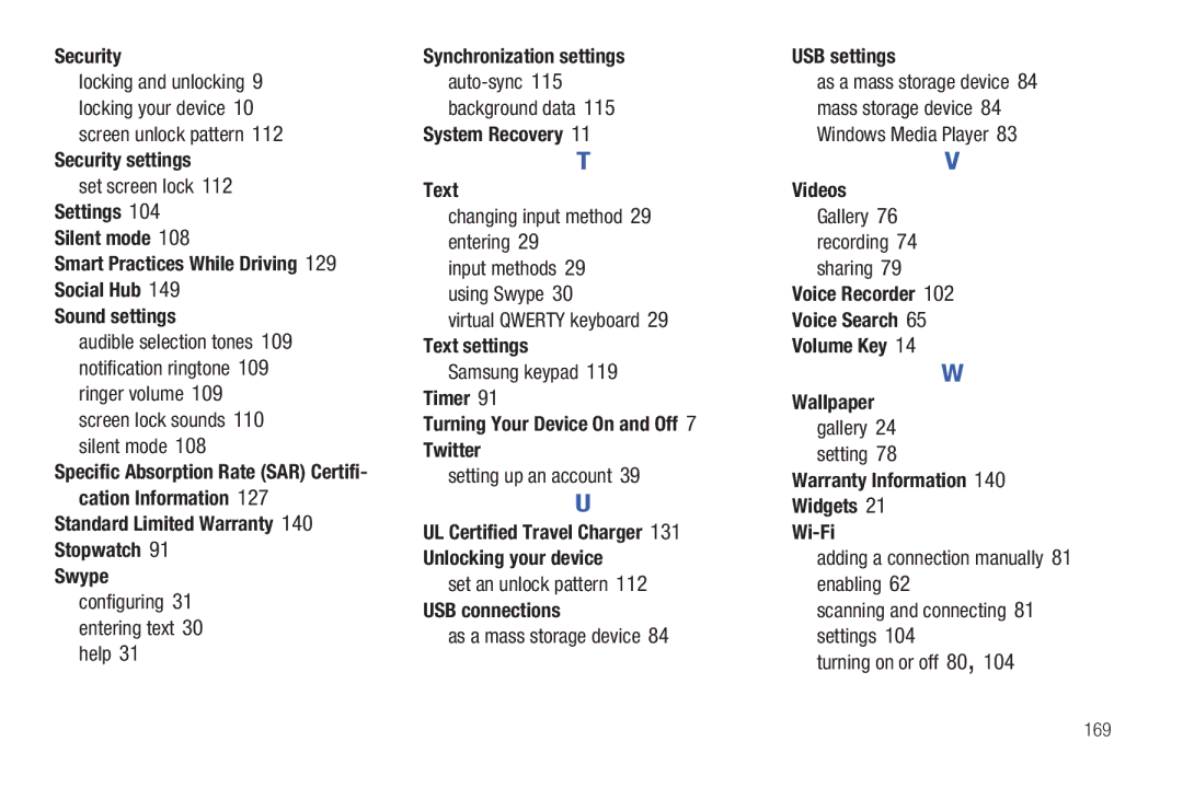 Samsung YP-G70CWY Security settings Synchronization settings USB settings, System Recovery, Text settings, Videos 