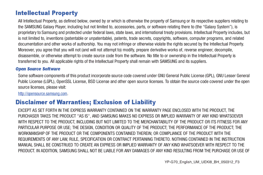 Samsung YP-G70CWY user manual Intellectual Property, Open Source Software 