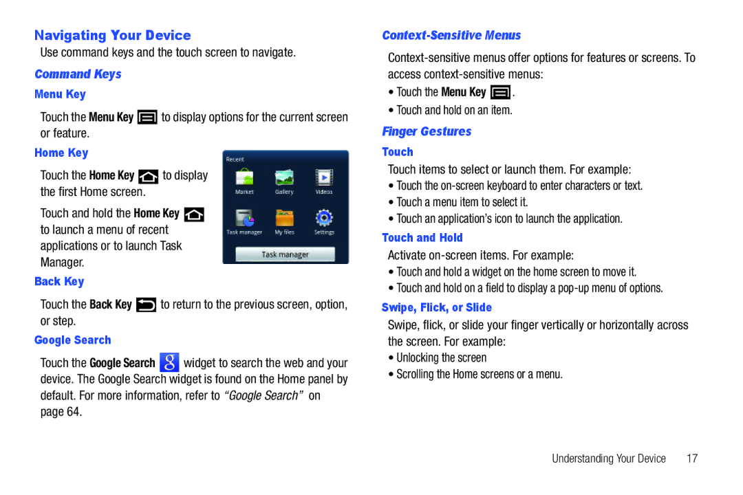 Samsung YP-G70CWY Navigating Your Device, Use command keys and the touch screen to navigate, Command Keys, Finger Gestures 