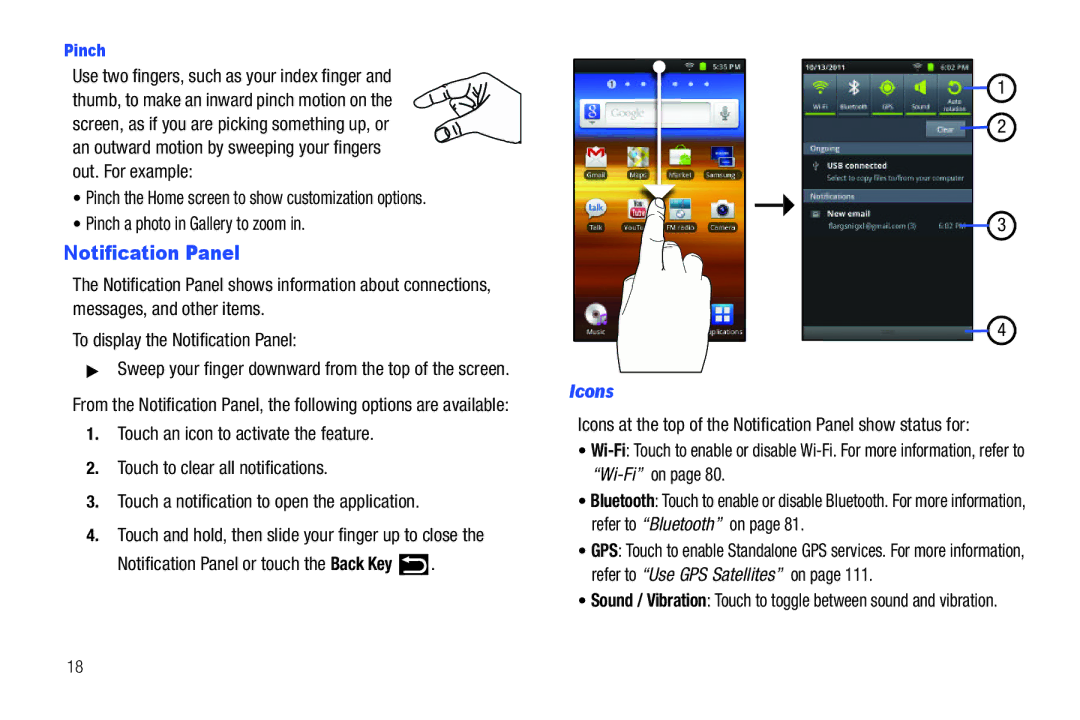 Samsung YP-G70CWY user manual Notification Panel or touch the Back Key, Icons, Pinch 