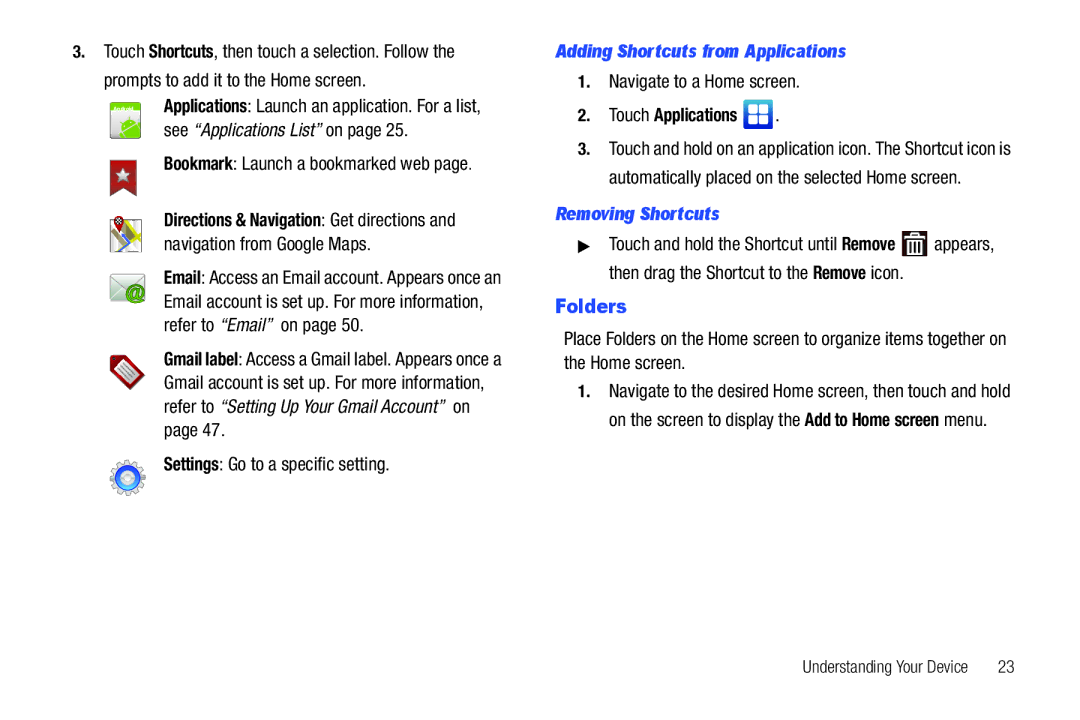 Samsung YP-G70CWY user manual Folders, Adding Shortcuts from Applications, Touch Applications, Removing Shortcuts 