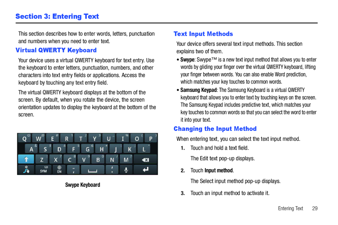 Samsung YP-G70CWY user manual Entering Text, Virtual Qwerty Keyboard, Text Input Methods, Changing the Input Method 