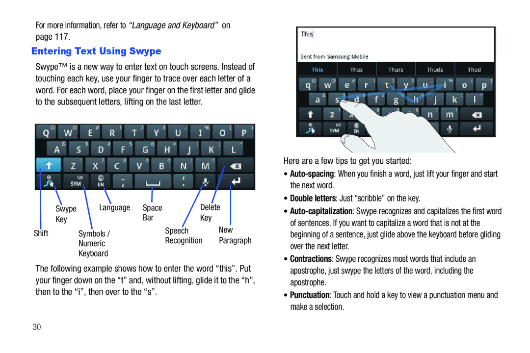 Samsung YP-G70CWY Entering Text Using Swype, For more information, refer to Language and Keyboard on, Recognition, Numeric 