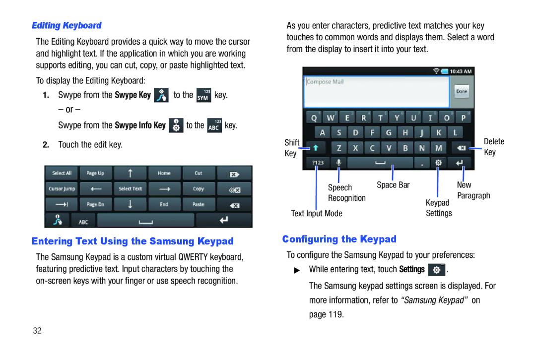 Samsung YP-G70CWY user manual Entering Text Using the Samsung Keypad, Configuring the Keypad, Editing Keyboard 