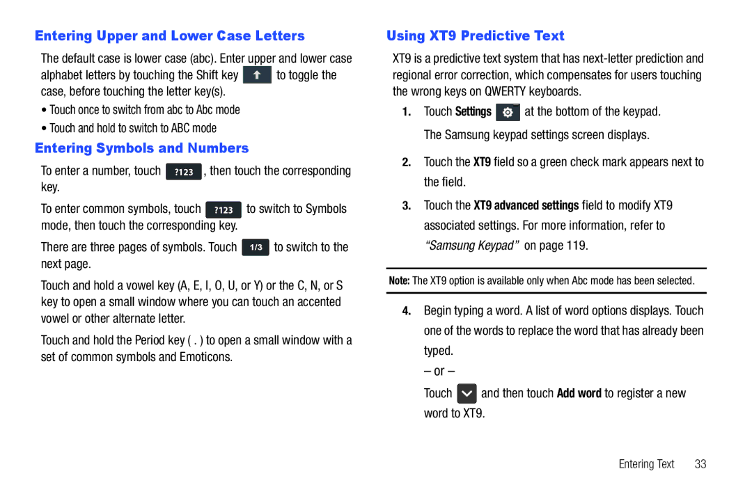 Samsung YP-G70CWY Entering Upper and Lower Case Letters, Entering Symbols and Numbers, Using XT9 Predictive Text 