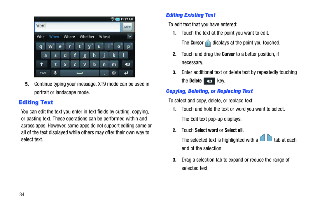 Samsung YP-G70CWY user manual Editing Text, Editing Existing Text, Copying, Deleting, or Replacing Text 