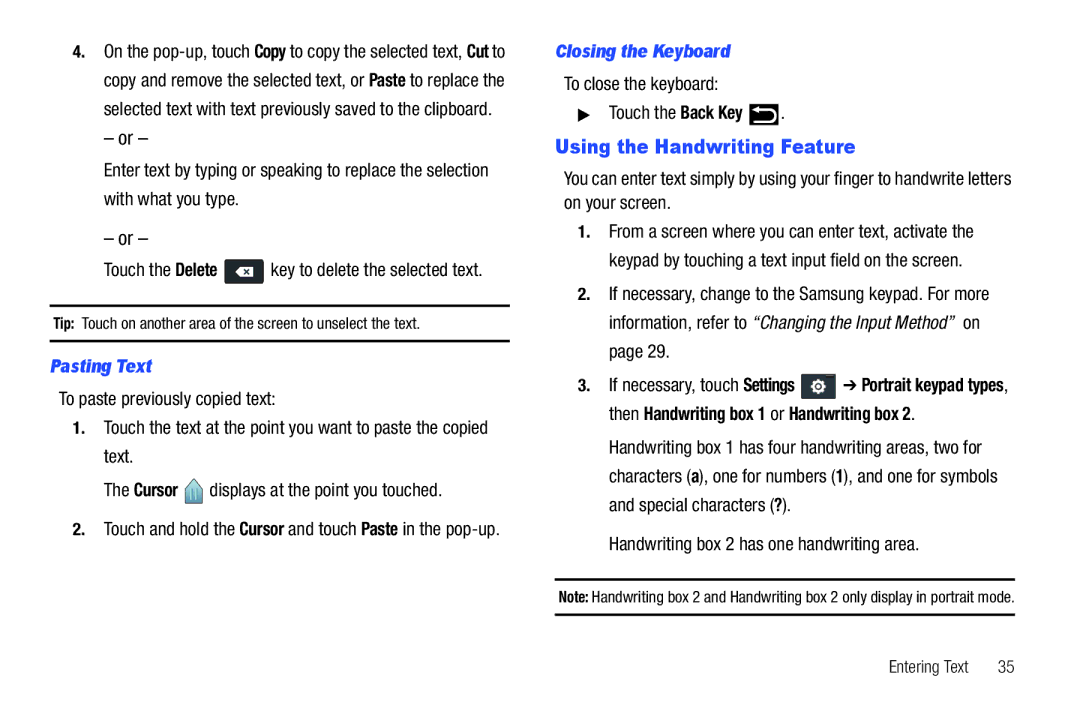 Samsung YP-G70CWY user manual Using the Handwriting Feature, Pasting Text, Closing the Keyboard 