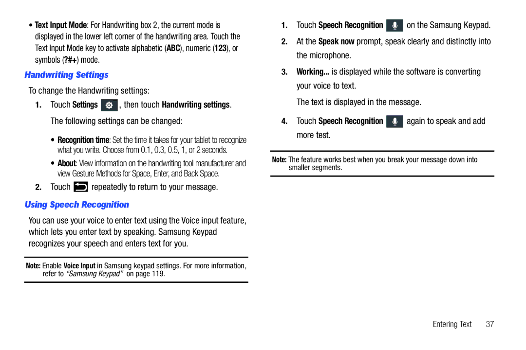 Samsung YP-G70CWY Handwriting Settings, To change the Handwriting settings, Touch repeatedly to return to your message 