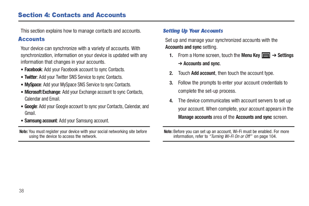 Samsung YP-G70CWY user manual Contacts and Accounts, Setting Up Your Accounts, Accounts and sync 