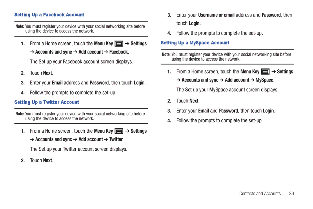 Samsung YP-G70CWY Set up your Facebook account screen displays Touch Next, Follow the prompts to complete the set-up 