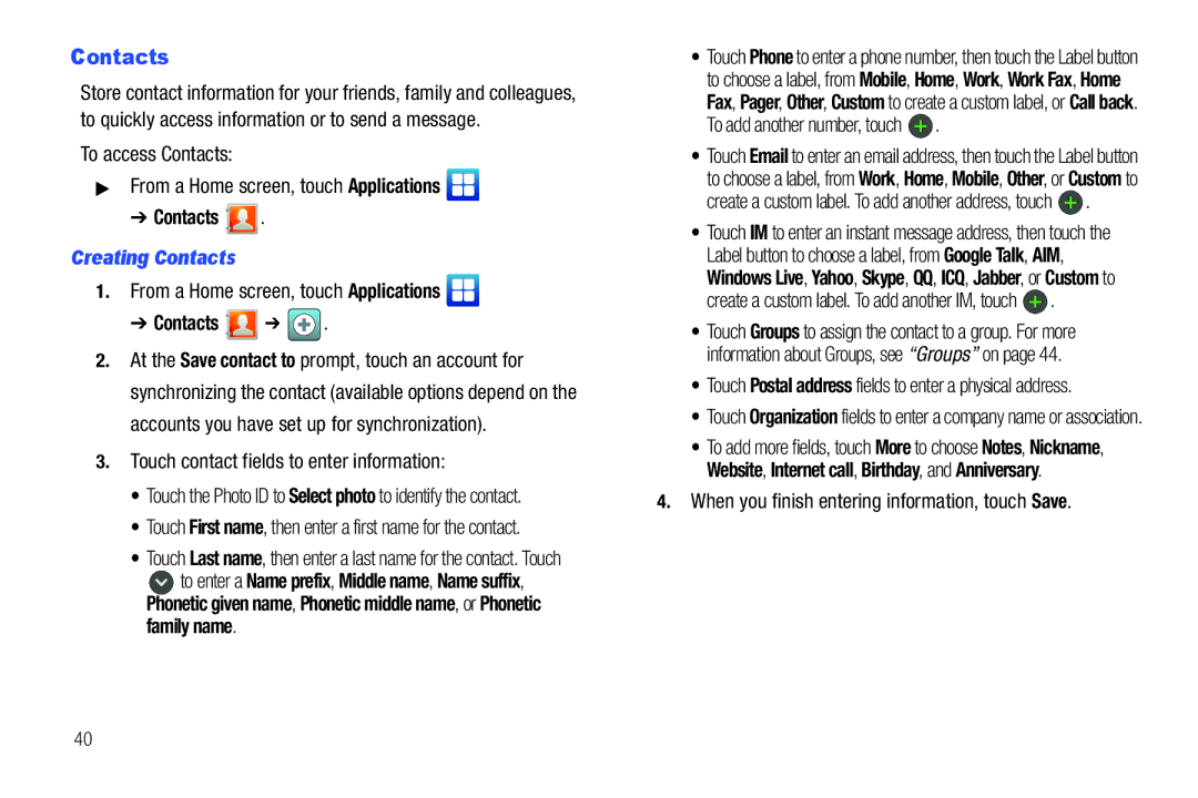 Samsung YP-G70CWY user manual Creating Contacts 