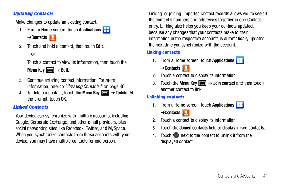 Samsung YP-G70CWY user manual Updating Contacts, Touch and hold a contact, then touch Edit, Menu Key Edit, Linked Contacts 