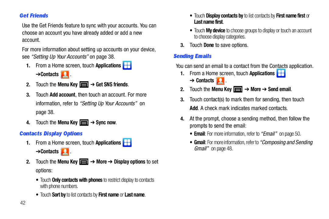 Samsung YP-G70CWY user manual Get Friends, Contacts Display Options, Sending Emails 