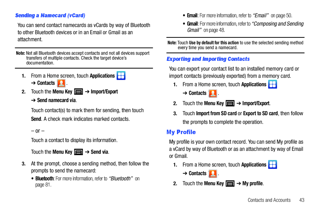 Samsung YP-G70CWY user manual My Profile, Sending a Namecard vCard, Exporting and Importing Contacts 